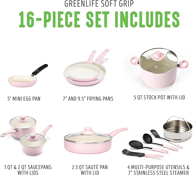 GreenLife 16 Piece Nonstick Cookware Set, Soft Grip Non-Toxic PFAS-Free Ceramic Pots & Pans, Dishwasher & Oven Safe, Frying, Sauce, Saute, Utensils, Glass Lids, Stay-Cool Handles, Wobble Free, Pink