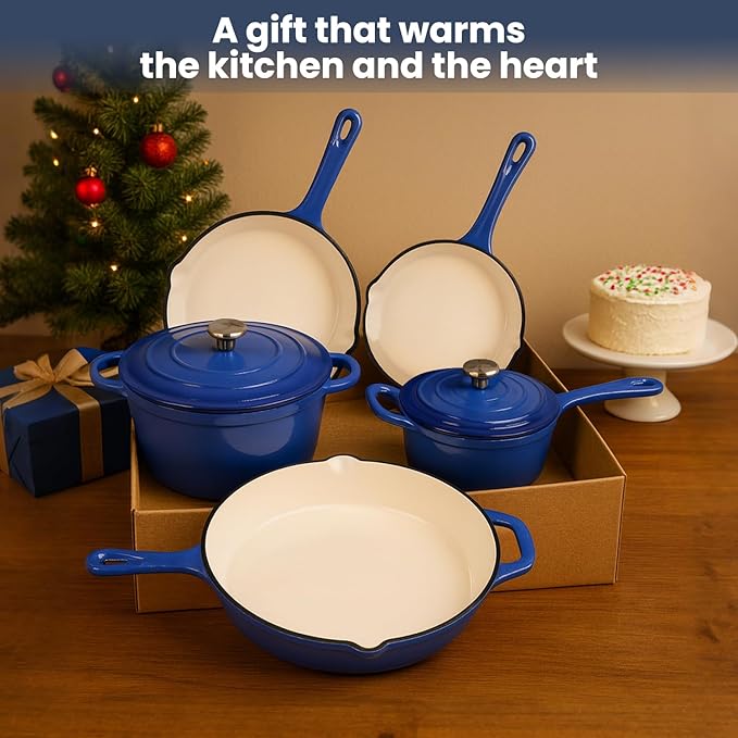 QuliMetal Enameled Cast Iron Cookware Set, 5 Pcs Pots and Pans with Lid, Skillet, Frying Pan, Saucepan & Dutch Oven for All Stovetops, PFA Free - Ideal for Sourdough Bread Baking