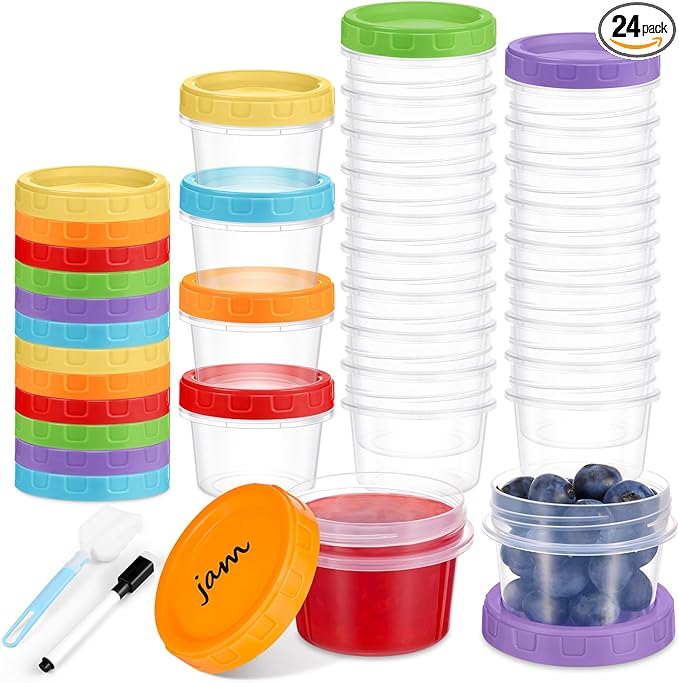 2 oz Small Plastic Containers with Lids, 24 Pack Salad Dressing Container, Reusable Condiment Containers Sauce Cups, with Pen and Brush, Freezer, Microwave & Dishwasher Safe