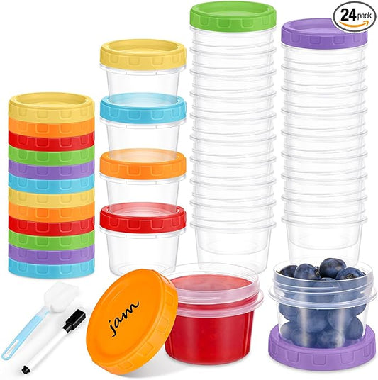 2 oz Small Plastic Containers with Lids, 24 Pack Salad Dressing Container, Reusable Condiment Containers Sauce Cups, with Pen and Brush, Freezer, Microwave & Dishwasher Safe