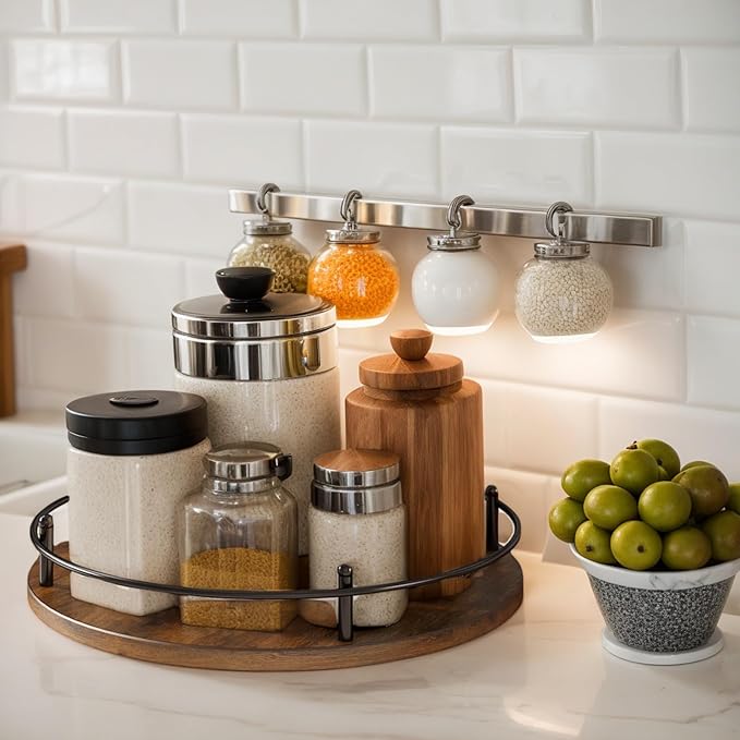 Wooden Lazy Susan Turntable Organizer for Cabinet, Table Top, Kitchen, Pantry, Bathroom, Vanity Countertop, Rotating Wood Lazy Susans Rack for Condiment, Seasoning, Spice Storage Organization(Round)