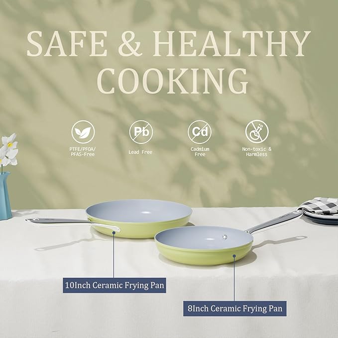 Nonstick Ceramic Frying Pan 8 Inch for Induction Cooktop - Non Toxic, PTFE/PFOA/PFAS Free, Oven & Dishwasher Safe up to 500°F - Non Stick Egg Skillet with Stay-Cool Handle - Olive Green