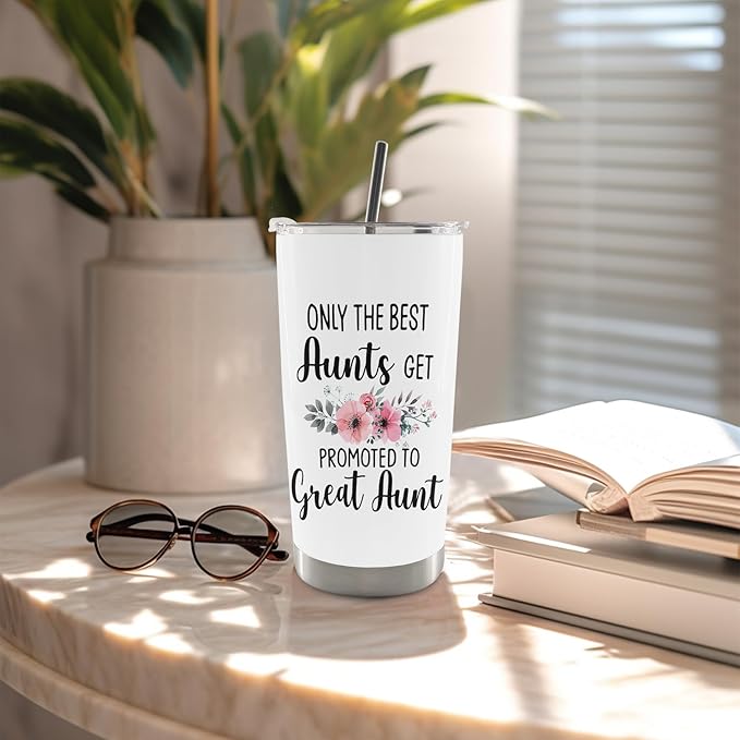 QASHWEY Great Aunt Gifts Coffee Tumbler 20 oz, BestAunt Travel Tumbler Coffee Mug Gifts for GreatAunt, AuntGifts from Niece Nephew,Promoted to Great Aunt Stainless Steel Tumblers with Straw and Lid