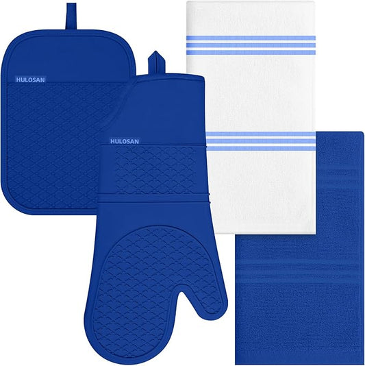 Oven Mitt and Pot Holders Sets, Quilted Cotton Terry Cloth,Non-Slip Pot Holder, Silicone Oven Mitt Heat Resistant, Oven Mittens 7.3"x14.2", Hot Pad 7"x10" & Dish Cloths 13"x25"