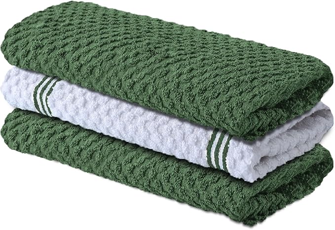 Infinitee Xclusives Premium Kitchen Towels – Pack of 3, 100% Cotton 15 x 25 Inches Absorbent Dish Towels - Terry Kitchen Dishcloth Towels - Green Dish Cloth for Household Cleaning