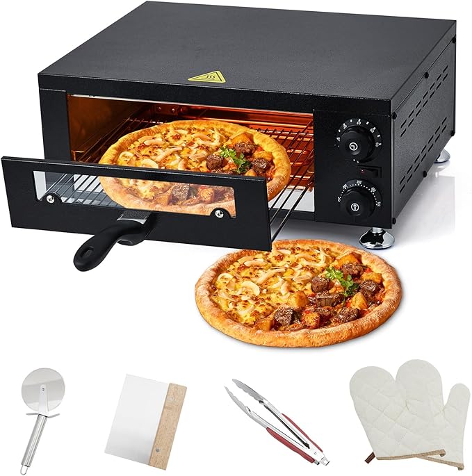 GarveeHome Electric Pizza Oven with Glass Door, 12 Inch Countertop Pizza Oven with 60 Minutes Timer, Pizza Maker Machine for Home and Commercial with Gloves, Clip & Pizza Roller