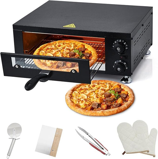 GarveeHome Electric Pizza Oven with Glass Door, 12 Inch Countertop Pizza Oven with 60 Minutes Timer, Pizza Maker Machine for Home and Commercial with Gloves, Clip & Pizza Roller