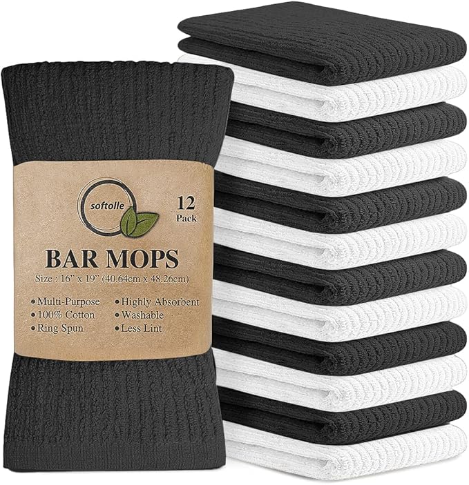 Softolle Bar Mop Towels, Pack of 12-16x19 Inches - 100% Cotton Super Absorbent Towels, Multi-Purpose for Home and Bar Cleaning (White-Grey)