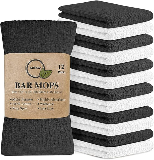 Softolle Bar Mop Towels, Pack of 12-16x19 Inches - 100% Cotton Super Absorbent Towels, Multi-Purpose for Home and Bar Cleaning (White-Grey)