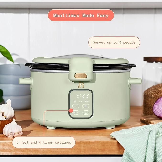 Beautiful 4-Qt Programmable Slow Cooker with Hinged Locking Lid & Touch Display – 3 Heat / 4 Timer Settings (Sage Green)