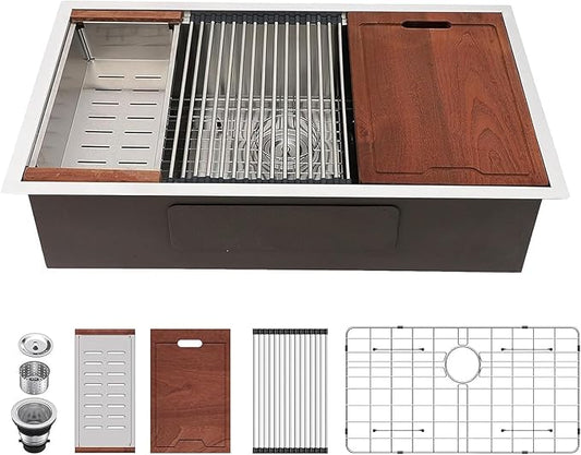 Lordear 32 Undermount Kitchen Sink 32x19 Inch Stainless Steel Kitchen Sinks Ledge Workstation 16 Gauge Single Bowl Under Counter Handmade Sink with Cutting Board