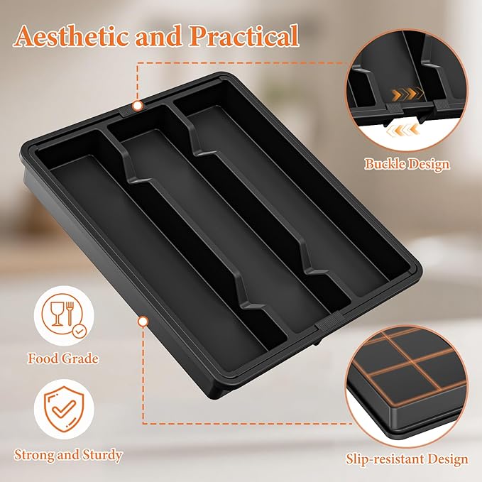 Large Silverware Organizer, Expandable Utensil Drawer Organizer for Kitchen Drawers, Kitchen Drawer Organizer for Spoons/Forks/Knives, Multipurpose & BPA Free Cutlery Tray, Black, 1 Pack