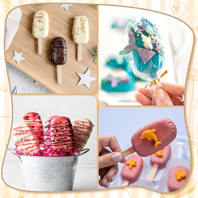 3 Inch Cakesicle Cutter and Cake Pop Mold Set with 8.7in Tray, 100 Wooden Sticks & 100 Bags, Silicone Cakesicle Mold for Homemade Cake Pops, Baking, Birthdays and Party Desserts (White)
