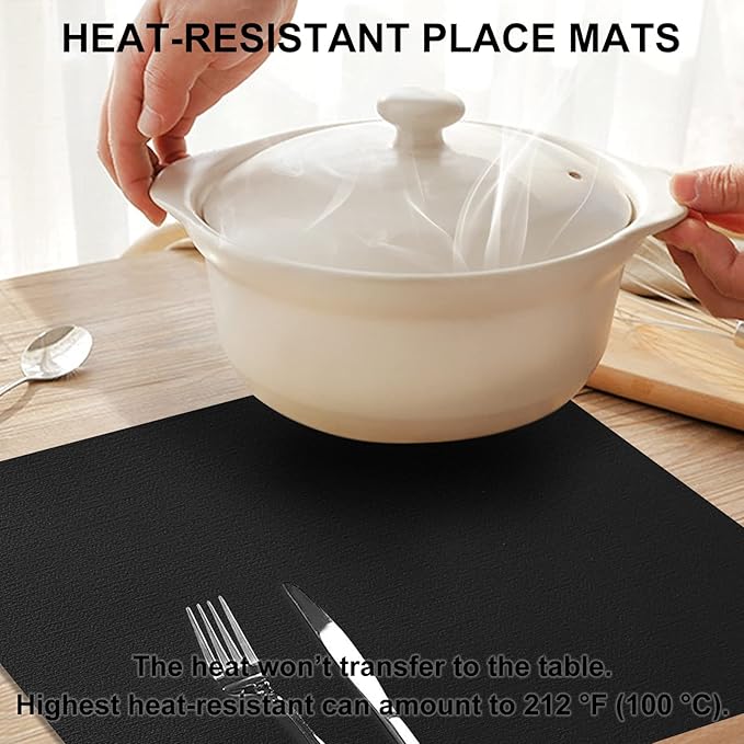 homing Faux Leather Heat Resistant Placemats 6 Packs, Waterproof Wipeable Dining PU Place Mats for Indoor & Outdoor, Easy to Clean, Black