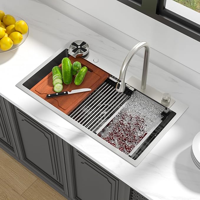 Lordear Waterfall Kitchen Sink 33x19 Inch Drop In Kitchen Sink T304 16 Gauge Stainless Steel Single Bowl Ledge Worktation Kitchen Sinks Handmade Deep Basin, 33"x19"x9"