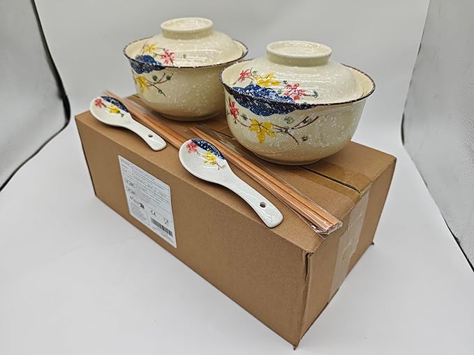 Ceramic Ramen Bowl Set, 800ml, with Lid, Spoon and Chopsticks, Japanese Vintage Large Soup Bowls Instant Noodle Bowl Asian Tableware (Color*2)