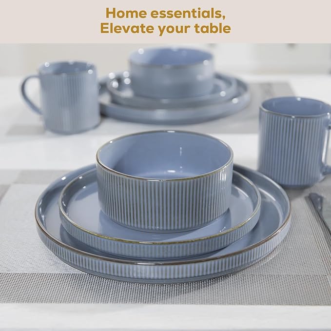 Romswi Dinnerware Set for 4, 16Pcs Stoneware Plates and Bowls Sets with Mugs, Chip & Scratch Resistant Dish Set, Handmade Reactive Glaze Plate Set, Oven, Microwave and Dishwasher Safe, Gray Blue