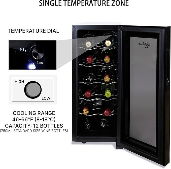 Koolatron Urban Series 12 Bottle Wine Cooler, Thermoelectric Wine Fridge, 1 cu. ft. Freestanding Wine Refrigerator for Home Bar, Small Kitchen, Apartment, Condo, Cottage, RV