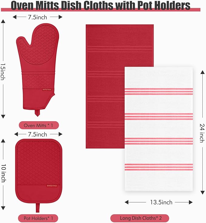 Oven Mitt and Pot Holders Sets, Quilted Cotton Terry Cloth,Non-Slip Pot Holder, Silicone Oven Mitt Heat Resistant, Oven Mittens 7.3"x14.2", Hot Pad 7"x10" & Dish Cloths 13"x25"
