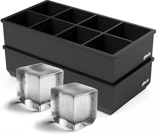 glacio Ice Cube Molds – 2-Pack Silicone Trays for 8 Large Square Cubes – Slow-Melt Ice for Whiskey, Cocktails, Coffee & More
