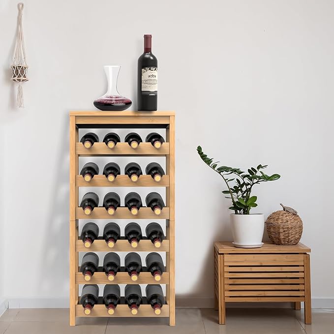 24-Bottle Bamboo Wine Rack Freestanding Floor, 6 Tier Wine Display Rack with Table Top, Wine Storage Shelf for Kitchen Dining Room Bar