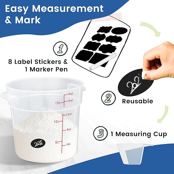 4 Pack 18QT Round Food Storage Containers with Lids, BPA-Free Polypropylene NSF Commercial Food Container, with Labels & Measuring Cup