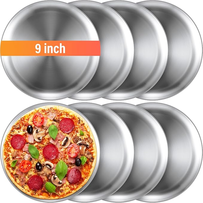 Thenshop 8 Pieces 9 Inch Pizza Pans Bulk Stainless Steel Sets Round Bakeware Pizza Trays for Oven Kitchen Baking Home Restaurant Safe Sturdy Reusable Easy Clean(Silver)