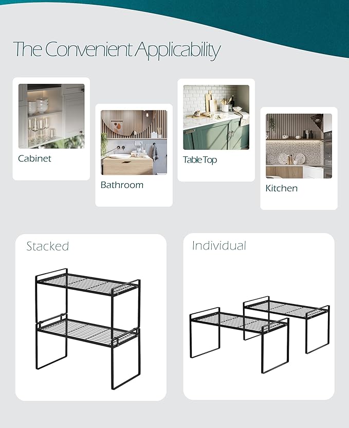 2Pack Cabinet Shelf Organizer Storage Rack Space Saving for Kitchen Counter Pantry Bathroom Cupboard Under Sink Office Table Steel Stackable Rust Resistant Heavy Duty Nonslip 16” Black - Tall