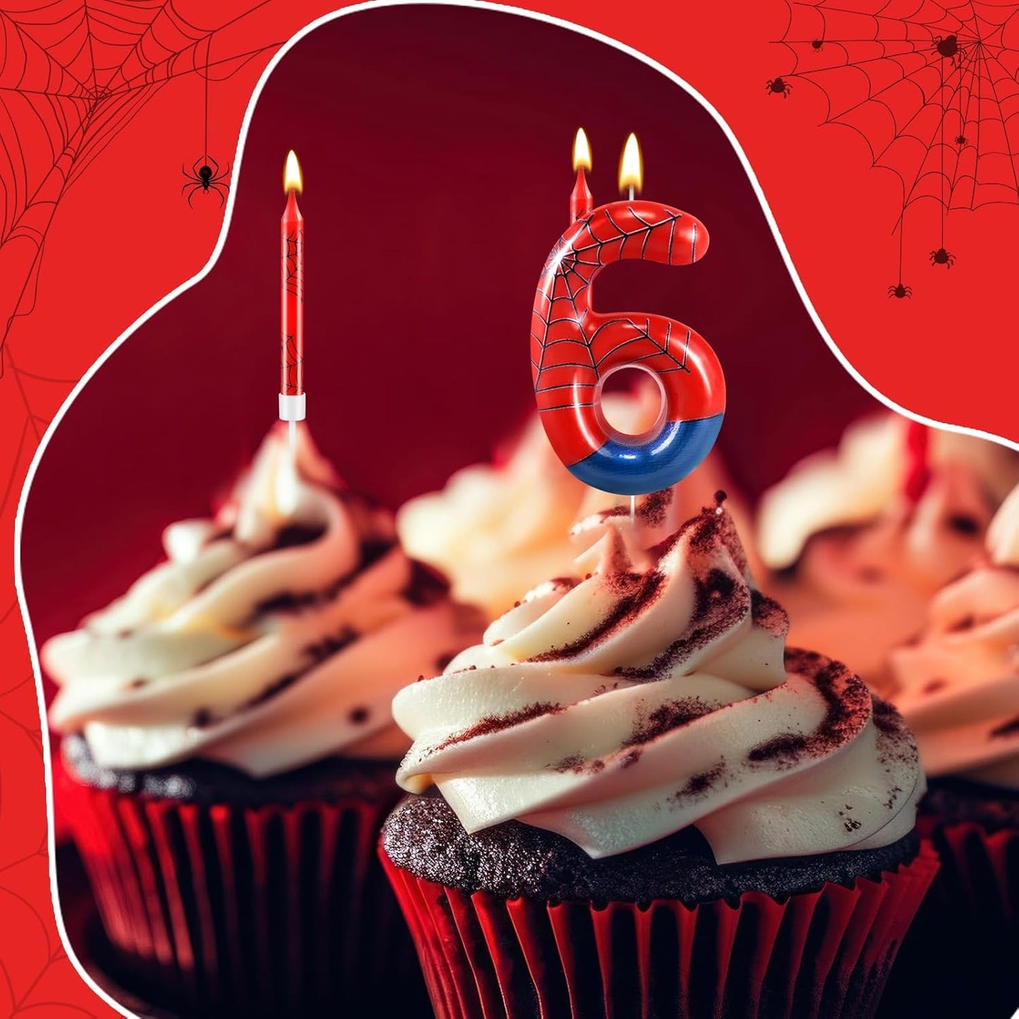 13 Pcs Spider Themed Birthday Candle Set Red Spider Theme Number 6 Candle Cake Topper for Boys Girls Birthday Decoration Spider Party Decoration Supplies (Number 6)