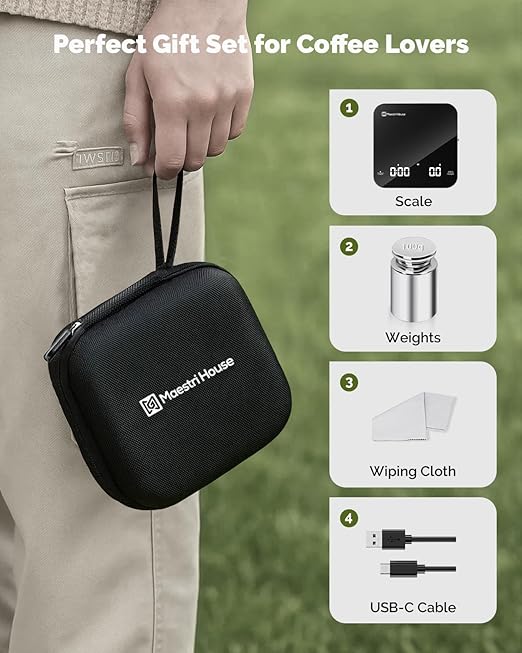 Maestri House Mini Coffee Scale Barista Kit with 100g Calibration Weight & Carrying Case, Rechargeable Espresso Scale with Timer, 0.1g Precision 2kg Kitchen Scale, Portable for Pour Over & Travel