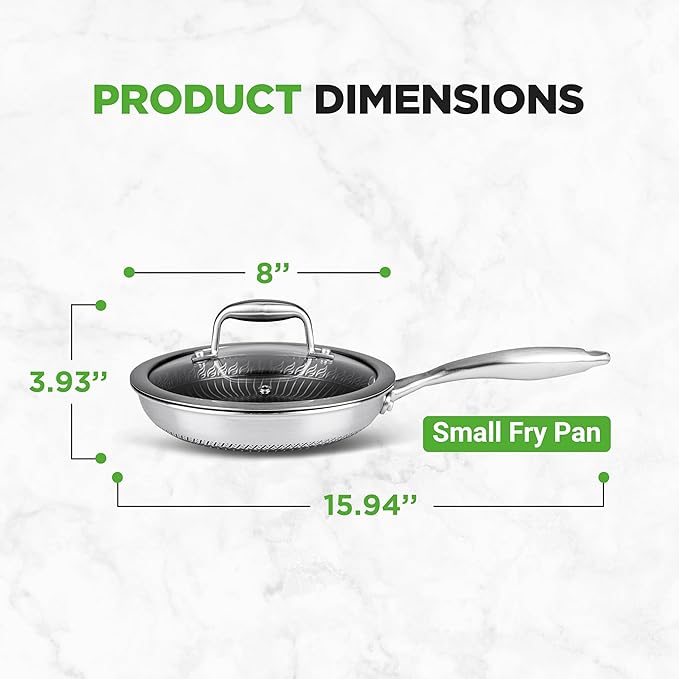 NutriChef 8" Stainless Steel Frying Pan - Triply Kitchenware Stir Fry Pan Kitchen Cookware w/DAKIN Etching Non-Stick Coating, Scratch-resistant Raised-up Honeycomb Fire Textured Pattern - NC3PL8
