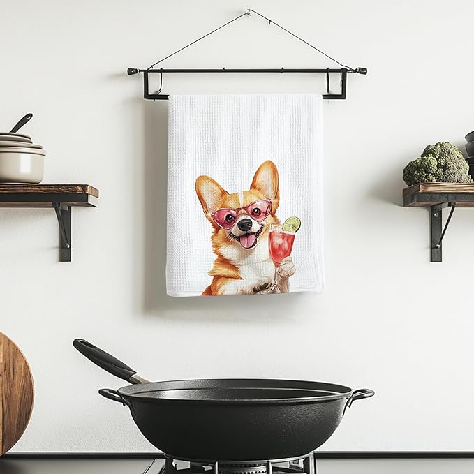 Cabana Bro Corgi Gifts Kitchen Towels, Corgi Gifts for Women Dog Lovers Decorative Hand Towels for Bathroom, Funny Dog Puppy Getting Drunk Cocktail Dish Tea Towels for Kitchen, 16x24 Inch