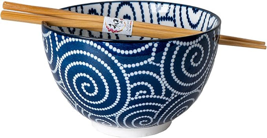 Urban Tokyo Porcelain Japanese Motif Design Ramen Udon Noodle Rice Bowl With Chopsticks 20 fl oz 6 inch Diameter Bowl Sets Color Box Packaging (Brush Swirl)