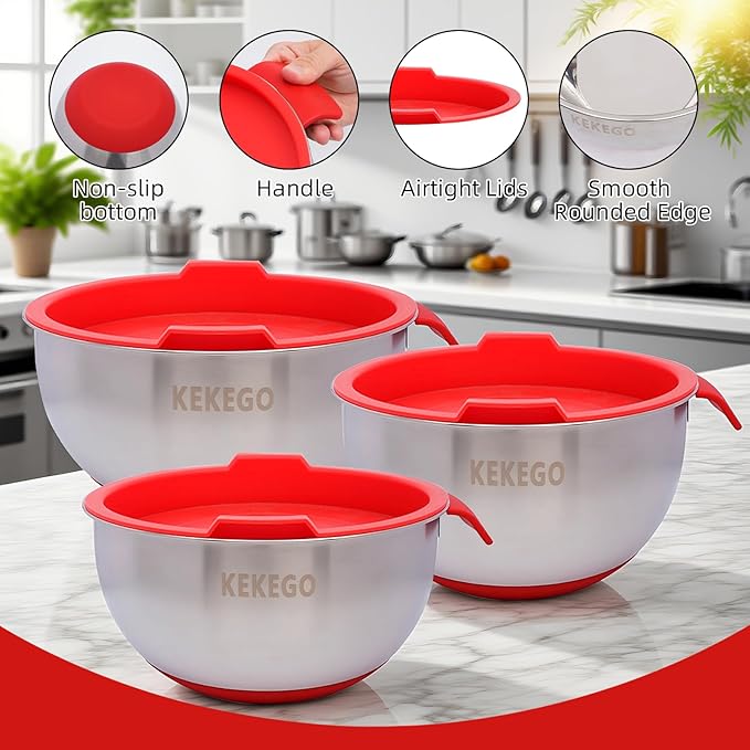 7-Piece Stainless Steel Mixing Bowls Set with Handles, Nesting Metal Bowls with Lids & Strainer, Non-Slip Base for Baking, Cooking & Meal Prep – Great Holiday Kitchen Gift (1.2/2.5/4.5 QT)