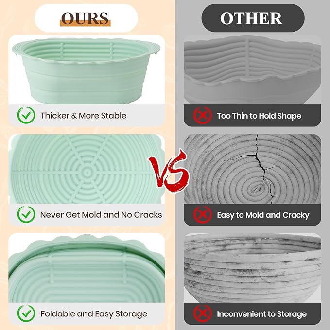 Neddie Upgraded Silicone Banneton Bread Proofing Basket, Sourdough Bread Baking Supplies Set of 2,9 Inch Round & 10 Inch Oval Foldable Sourdough Baking Baskets, Sourdough Starter Kit(Green)