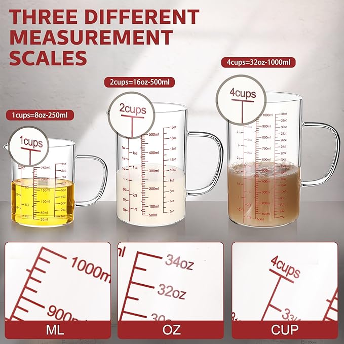 Lallisa 3 Pack High Borosilicate Glass Measuring Cups Set with Handle V Shaped Spout, 4, 2, 1 Cup 3 Scales (Oz, Cup, Ml) for Kitchen Restaurant Baking Cooking, Easy to Read, Clear(Red Scale)