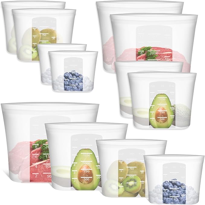 Reusable Storage Bag, 8 Pack 100% Silicone Food Storage Bags Stand Up Zip Lock Bags for Food, Freezer Microwave Oven Dishwasher Safe, 2 X-Large(0.8 Gallon) 2 Medium 2 Small 2 X-Small, Translucent
