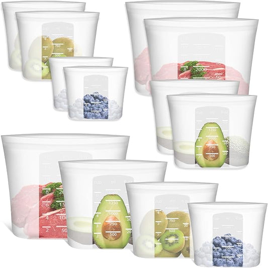 Reusable Storage Bag, 8 Pack 100% Silicone Food Storage Bags Stand Up Zip Lock Bags for Food, Freezer Microwave Oven Dishwasher Safe, 2 X-Large(0.8 Gallon) 2 Medium 2 Small 2 X-Small, Translucent