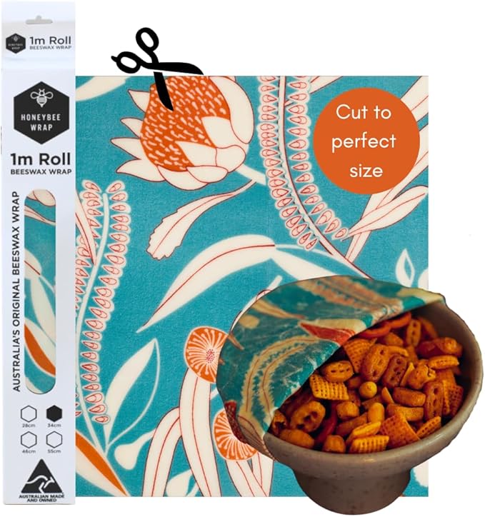 Honeybee Beeswax Wraps - Banksia Pattern Beeswax Roll -Certified Organic Cotton Beeswax Wrap - Reusable Beeswax Wrap for Food - Plastic Wrap & Sandwich Bags Alternative - 40’’ x 13’’