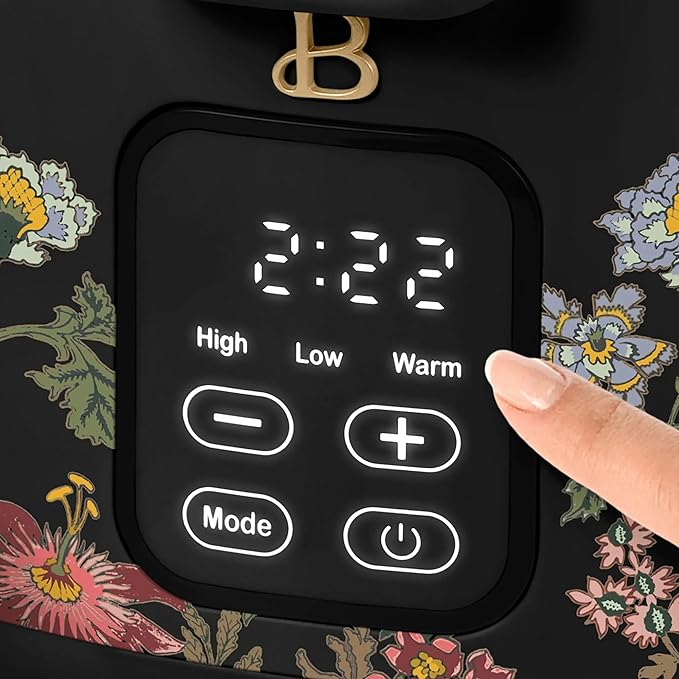 Beautiful 4-Qt Programmable Slow Cooker with Hinged Locking Lid & Touch Display – 3 Heat / 4 Timer Settings (Wildflower Black)