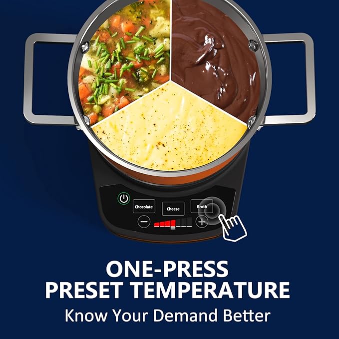 GREECHO Fondue Pot Electric Set, 2.6 Qt Stainless Steel Electric Fondue Pot with 3 Preset Mode (Cheese, Chocolate & Broth), 1200W Fondue Pot Set with Separated Fondue Pot & 6 Color-Coded Forks, Orange