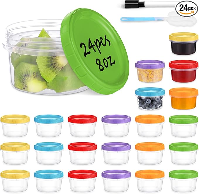 8 oz Plastic Containers with Lids, 24 Pack Stackable Small Freezer Container, Reusable Clear Food Storage Meal Prep Containers for Snack Fruit, Microwave & Dishwasher Safe, with Pen & Brush