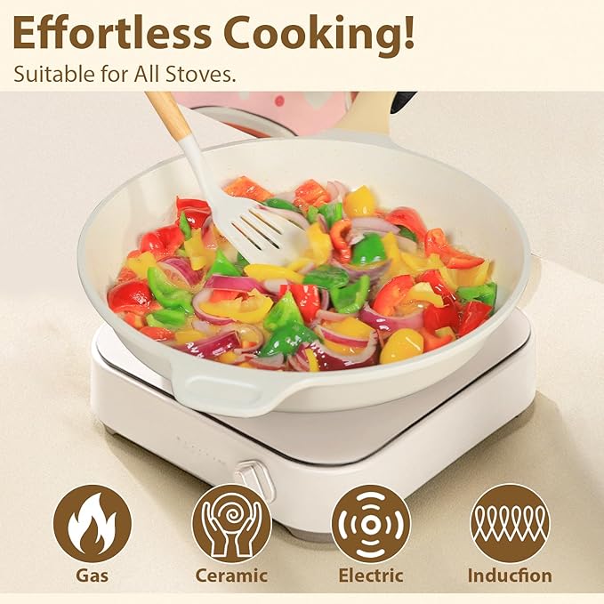 Romswi 23pcs Pots and Pans Set Non Stick, Kitchen Cookware Set with Casserole, Frying & Saucepans, Oven Safe & Stovetop Agnostic Non Toxic Cookware(Gas, Electric & Induction) - White