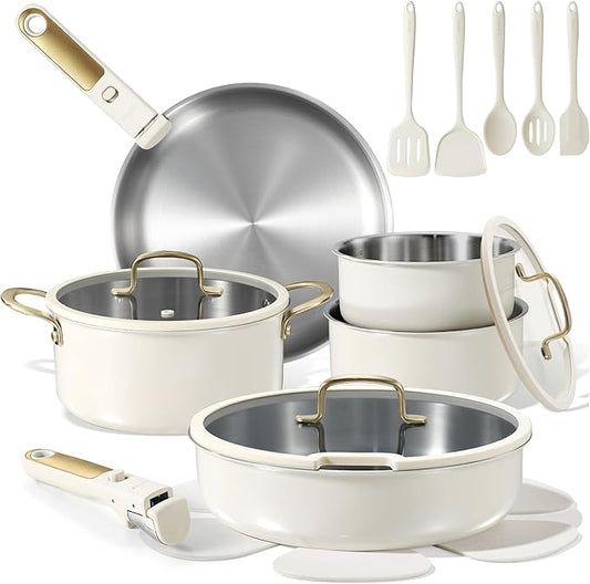 CAROTE 19pcs Tri-Ply Stainless Steel Cookware Set with Detachable Handle, Pots and Pans Set, Induction Kitchen Cooking Sets, RV/Camping Cookware, Outer Ceramic Layer, Oven Safe, Cream White