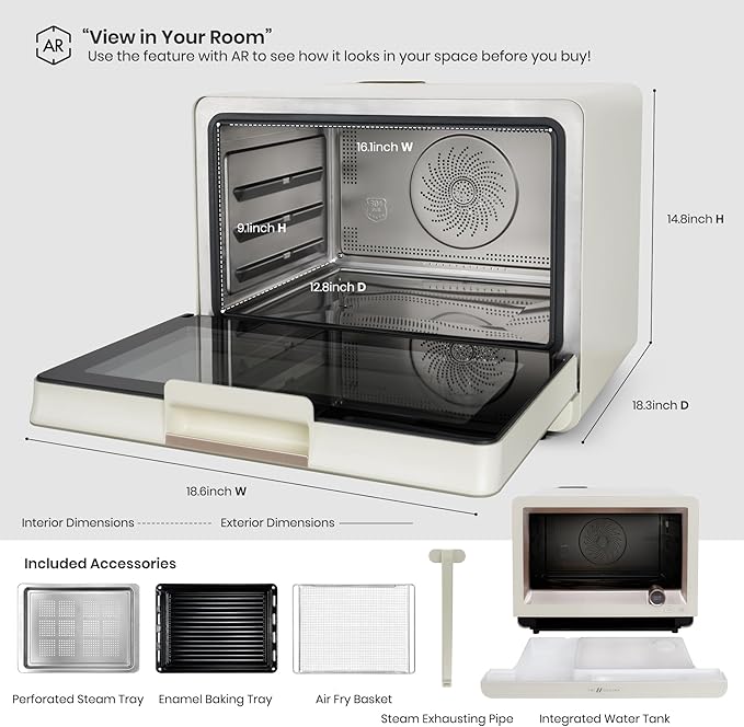 7-in-1 Steam Convection Oven Countertop with Air Fry, Bake, Sous Vide, Ferment, Built-in Recipes | Anti-Scalding, Self Clean, Food-grade Stainless Steel Cavity & Accessories | 1500W