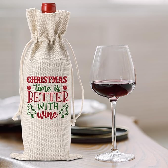 FBCCZEY Christmas Wine Bag Merry Christmas Wine Bottle Gift Bags With Drawstring Xmas Party Decorations Gifts for New Year Holiday Wedding Parties Time Is Better With Wine Bottle Wraps Bags