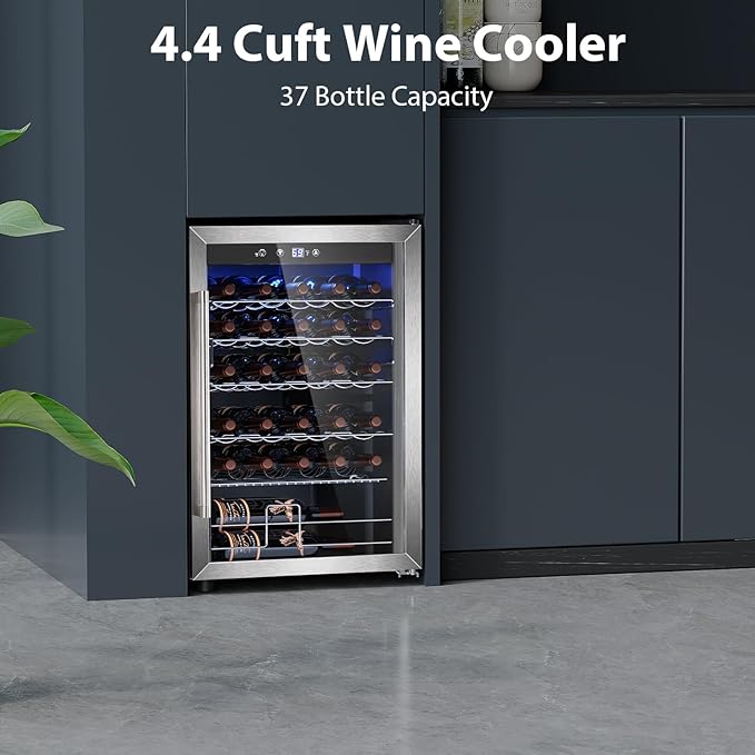 Wine Cooler Refrigerator 4.4 Cu.ft, 37 Bottle Freestanding Cabinet Wine Cellars, Wine Fridge with Glass Door for Home Use, Protecting Your Reds and Whites