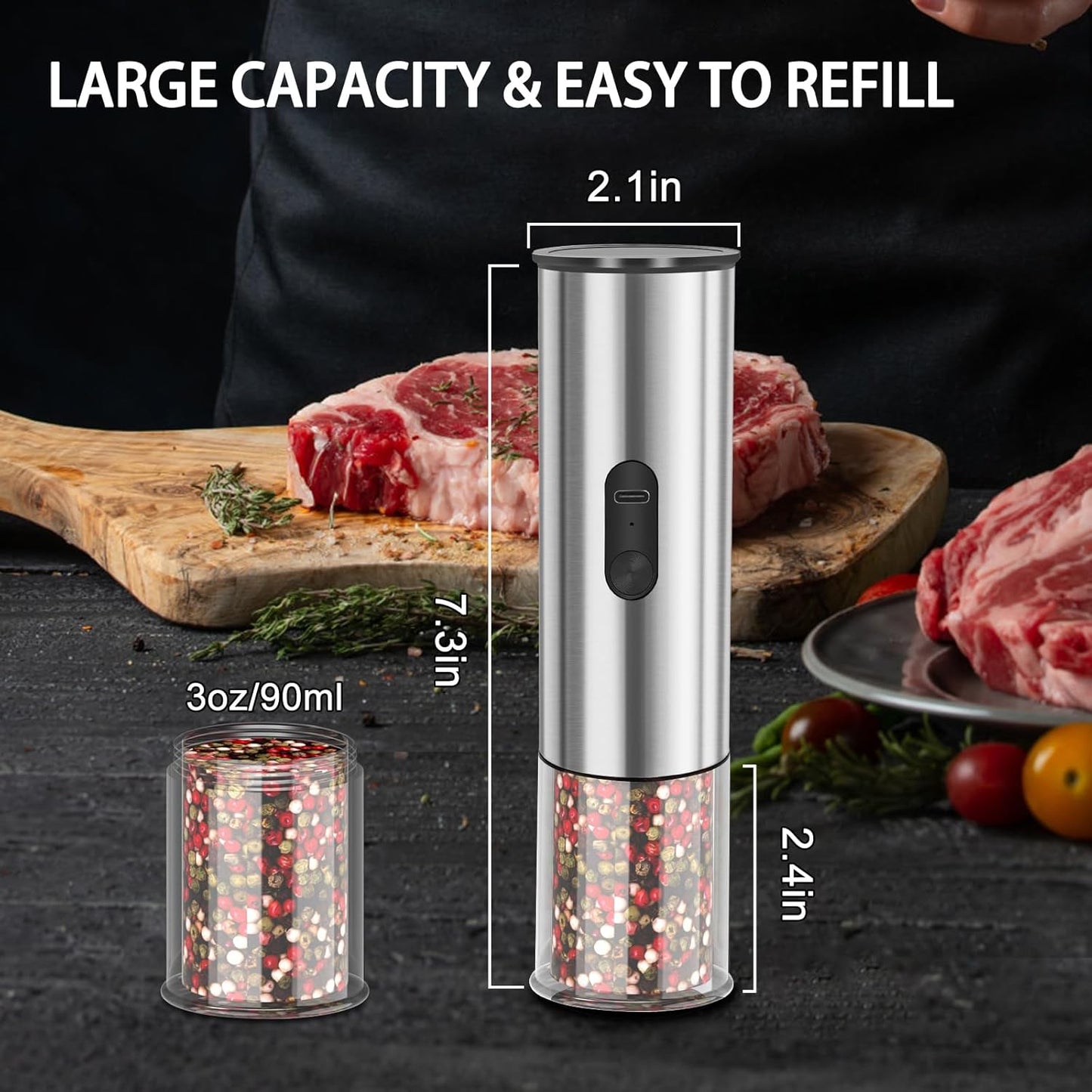 Electric Salt and Pepper Grinder Set, Rechargeable Salt and Pepper Shakers Refillable, Automatic Pepper Mill with Adjustable Coarseness, One Hand Operation with LED light, Stainless Steel