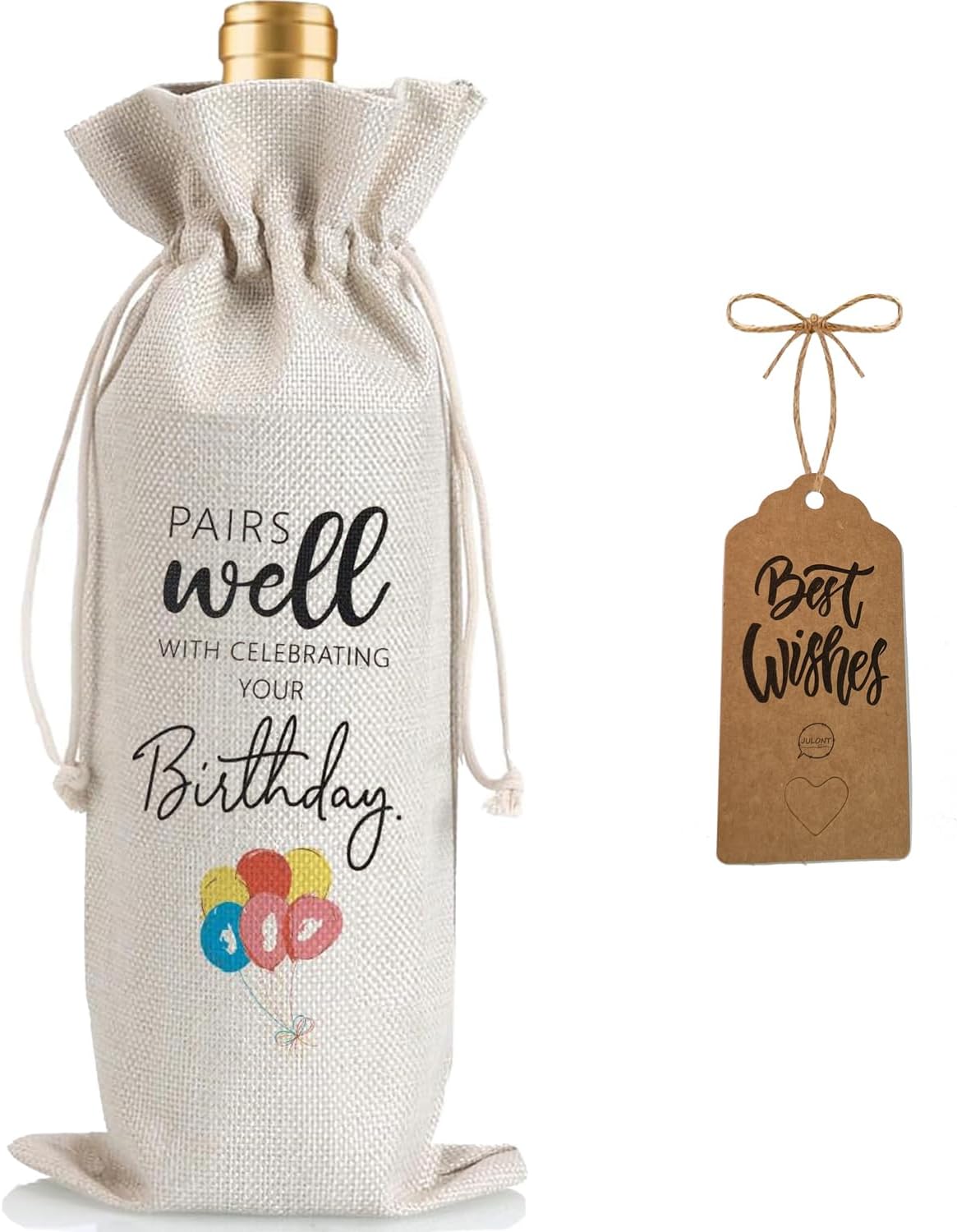 Julont 1Pcs Birthday Gift Ideas for Women & Men, Birthday Party Wine Bag Gift,Happy Birthdate decor, with 1Pcs Kraft Blessing Cards and natural jute rope