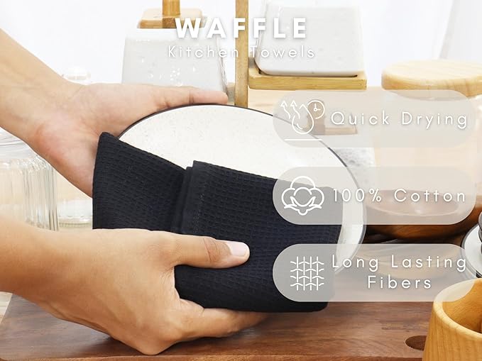 PurpleEssences Waffle Weave Kitchen Towel, 100% Cotton - 15x25 Inches, with Hanging Loop Ultra Soft Absorbent Quick Drying Dish Cloth, Tea and Hand Towels, 6 Pack - Christmas Holiday Winter - Black